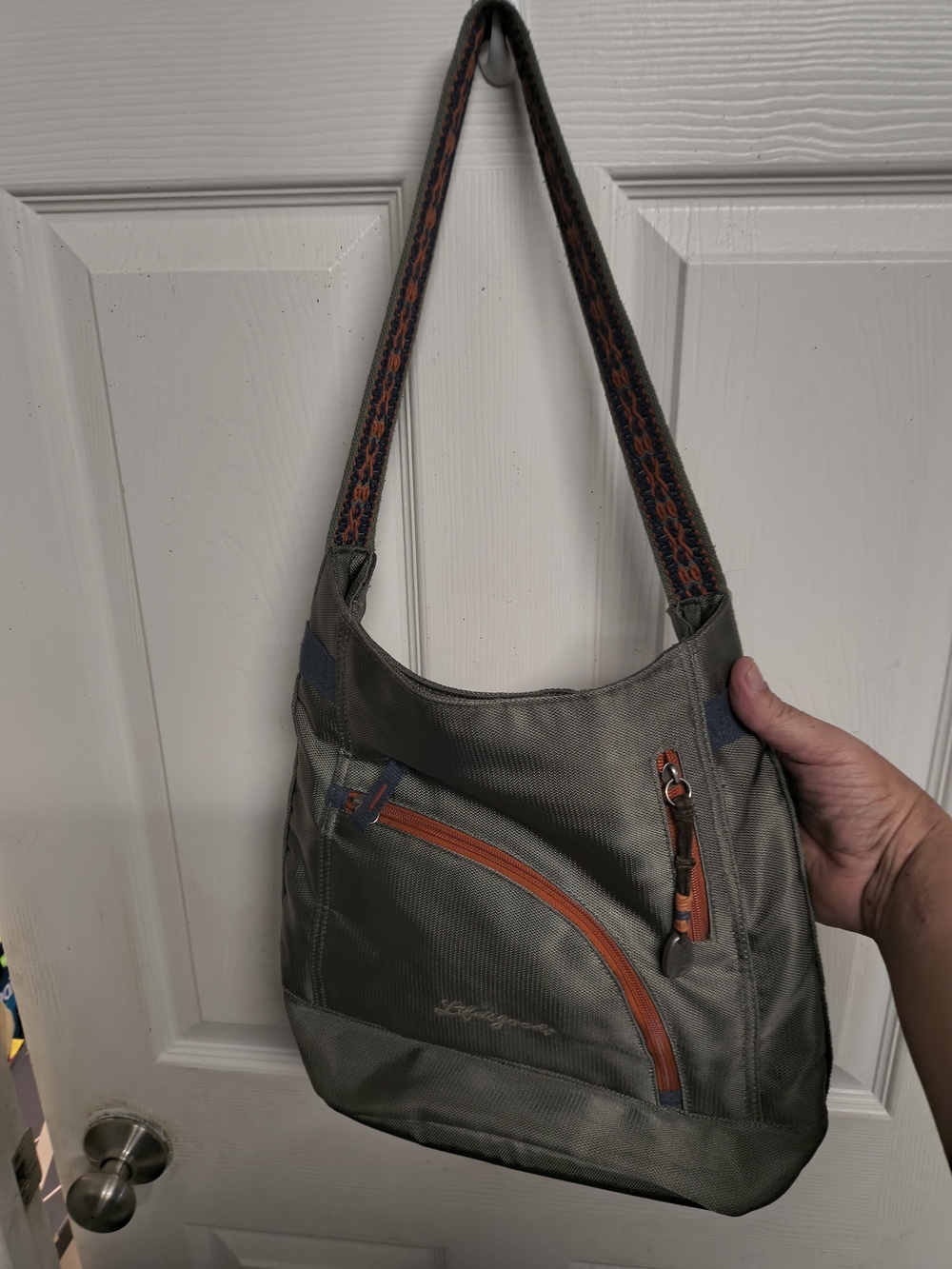 Olive Green Shoulder Bag with Orange Accents